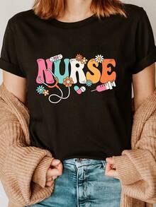 Camiseta moderna 2026 con estampado de estetoscopio de enfermera, pastilla, inyección y letras, de manga corta y cuello redondo, top casual, camiseta estampada para mujer de primavera-verano. - Negro - Ver 7