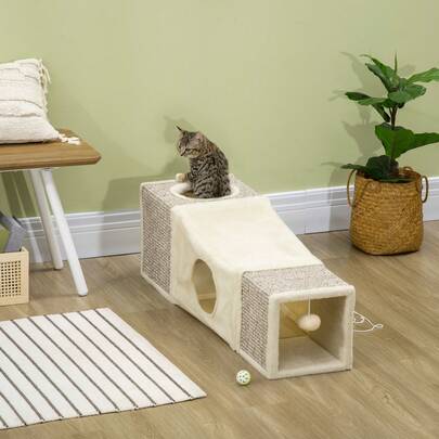 Cat Tunnel With Play Ball, Cat Toy, Sisal Play Tunnel, Brown And Beige, 98 X 30 X 30 Cm