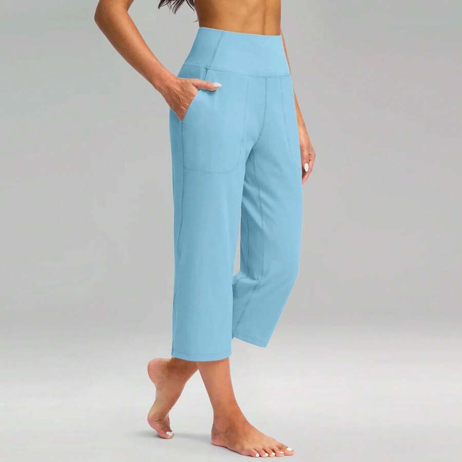 Pantalones Capri de pierna ancha de cintura alta para mujer, pantalones ajustados de tela elástica tejida para Fitness, pantalones de Yoga para deportes al aire libre y interiores - AZUL CIELO - Ver 1