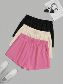 Pantalones cortos de motociclista con cintura elástica para mujer de talla grande, pantalones cortos de yoga para entrenamiento y correr de 3 piezas, lo mejor para verano de poliéster - Rosa - Ver 6