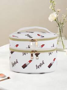 1pc Oval Lipstick Print Makeup Bag, Zipper Closure, Durable PU Material, Large Capacity Portable Cosmetic Bag, Design - Multicolor - View 5