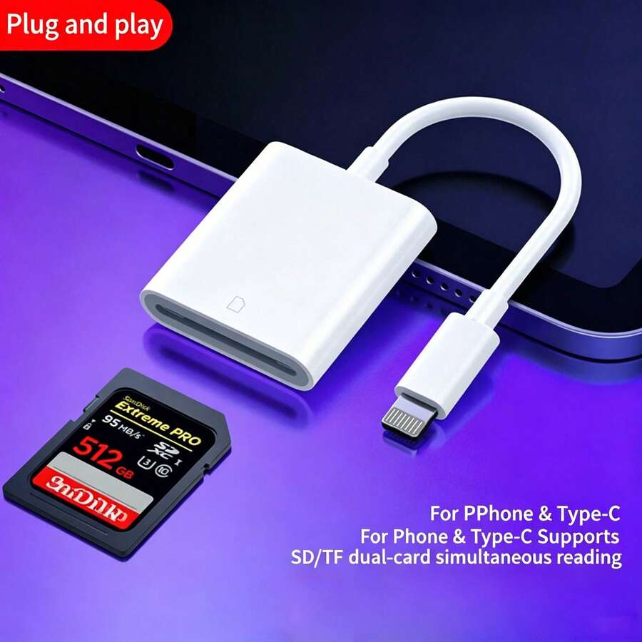 1pc SD Card Camera Reader Adapter, Compatible With IPhone/ Series, Storage Card Reader And Viewer, Suitable Compatible With Iphone 17/16/15/14/13/12/11/XS/XR/X/8/7//, Plug And Play Without APP - White - View 1