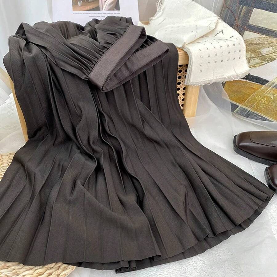 Falda Plisada Elegante de Cintura Alta para Mujer 2026, Falda Midi Larga, Negra, de Alta Calidad - café - Ver 1