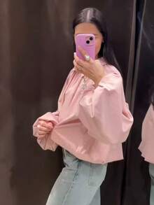 女款時尚百搭拉鍊門襟花瓣袖翻領夾克外套 - 粉色 - 查看 4