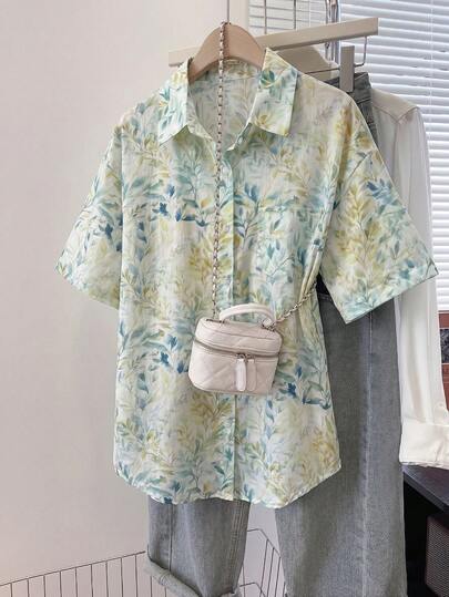 YUXIN Áo sơ mi nữ tay ngắn, in họa tiết toàn thân, cài một hàng khuy, kiểu dáng thường ngày, đa năng.