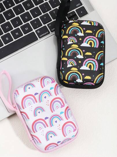 Cute Rainbow Print EVA Portable Storage Bag/Pouch - Earphone, USB Cable, Key Shock-Proof Travel Organizer Bag - Lightweight Hard Shell, Suitable For Wireless Earphones, Cables, Coins, Small Tools, Adorable Daily And Travel Use With Lanyard