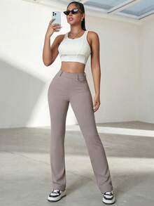 Y2K Style High Stretch Fitted Yoga Pants With Diagonal Pockets, Minimalist Comfortable, High Quality, Suitable For Daily Casual, Running, Workout, Office Wear And Other Occasions For Women In Autumn - Light Brown - View 4