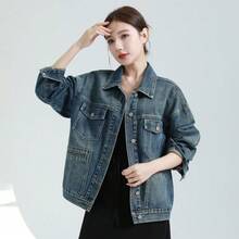 Women's Oversized Denim Jacket Boyfriend Style Loose Fit Drop Shoulder Casual Retro Autumn Coat - Vintage Blue - View 6