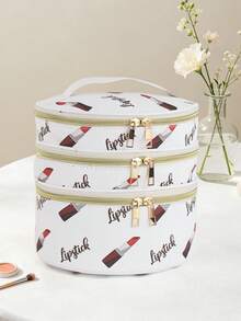 1pc Oval Lipstick Print Makeup Bag, Zipper Closure, Durable PU Material, Large Capacity Portable Cosmetic Bag, Design - Multicolor - View 7