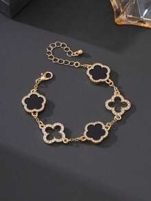 1 pièce Bracelet de luxe et élégant avec un design ajouré de trèfle et de fleurs incrusté de strass (boîte-cadeau non incluse) - Noir - Voir 5
