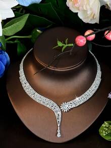 1 Set Silver Tone Pear-Cut CZ Sunflower Y-Drop Tennis Chain Jewelry Set, Elegant Matching Set For Formal Events & Weddings - Silver - View 6