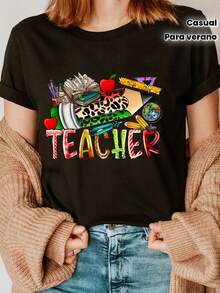 Round Neck T-Shirt With Teacher's Day Print, Casual Short Sleeve Top For Summer And Spring, Women's Clothing - Black - View 1