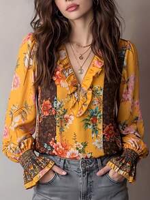 Blusa con estampado floral, bloque de color, cremallera media y mangas con volantes para mujer, ideal para vacaciones - Amarillo - Ver 3