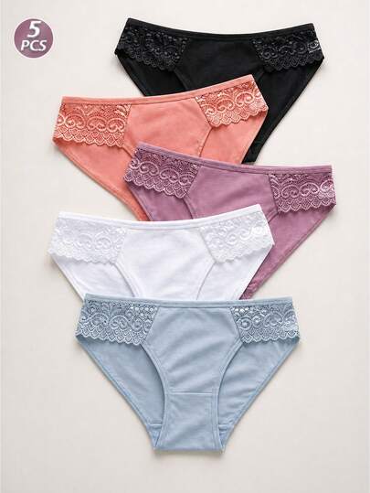 5 chiếc quần lót nữ cạp thấp bằng cotton có viền ren, kiểu dáng hipster co giãn thoải mái, nhiều màu sắc để lựa chọn.