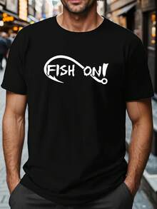 Men's Large T-Shirt With Fish Design And Crinkled Texture FISH ON - Black - View 1