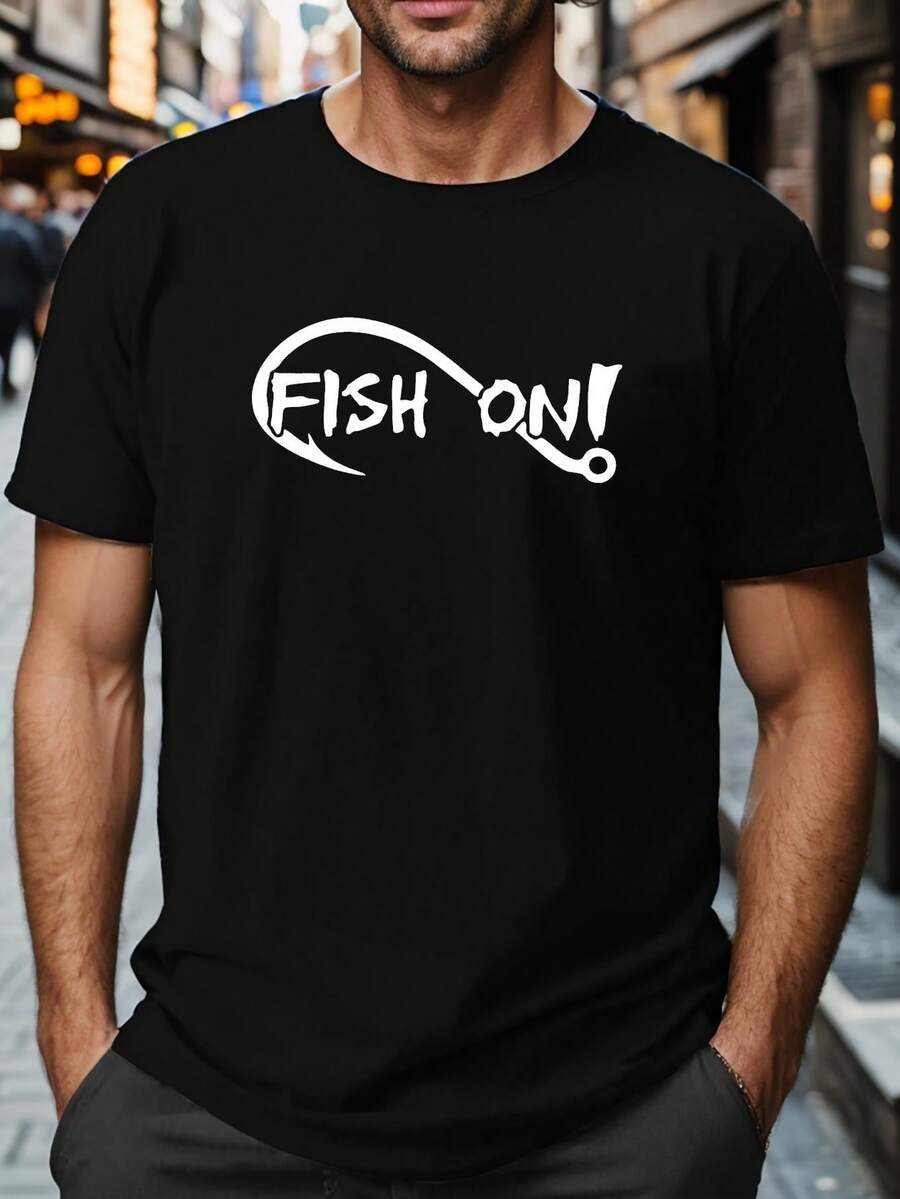 Men's Large T-Shirt With Fish Design And Crinkled Texture FISH ON - Black - View 1