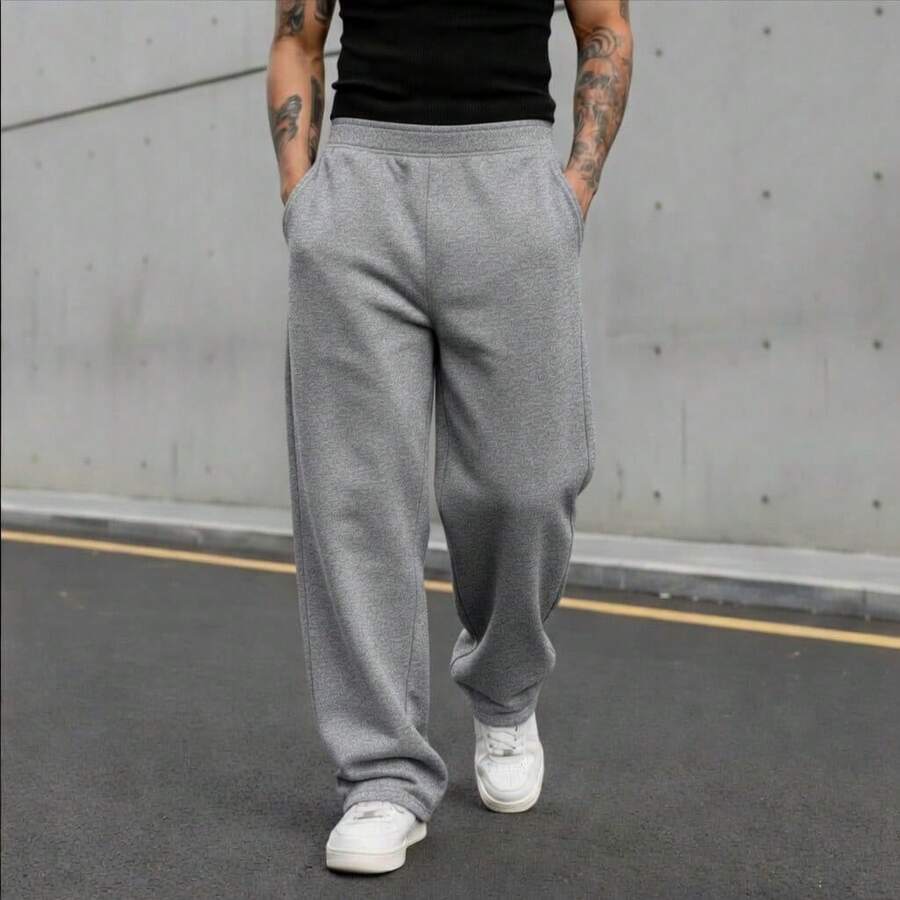 Men's Wide Leg Sweatpants For Winter, Plain, Comfortable And Stylish. - Grey - View 1