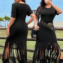 MOOSTA Plus Size Boho Round Neck Short Sleeve Dress With Fringe Hem, For Summer - Negro - Ver 2