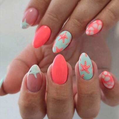 24pcs/Set Summer Vibrant Ocean Element Oval Medium Press-On Nails, Featuring Minimalist Red Polka Dot Starfish French Design, Ideal For Girls/Women Daily, Party, Beach Vacation