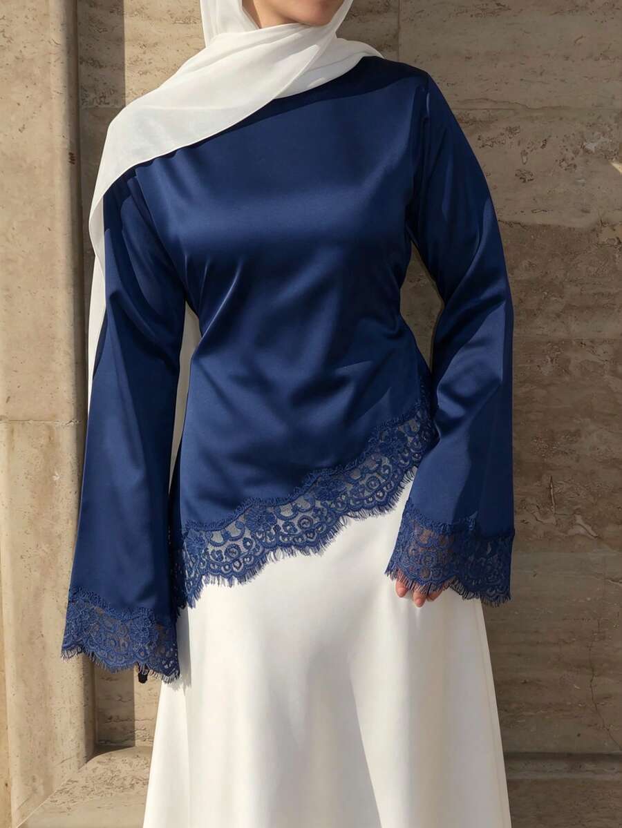 Áo sơ mi nữ thanh lịch bằng vải satin, kiểu dáng công sở, cổ tròn, tay dài, thắt eo, phối ren, chất liệu vải dệt trơn, kiểu dáng bất đối xứng/không đều, thích hợp mặc đi làm hàng ngày (màu trắng hơi xuyên thấu).