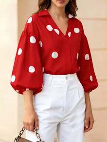 Blusa elegante con estampado de lunares y mangas de farol con botones en el frente y cuello en V, adecuada para la oficina y el uso casual - Primavera/Verano, vacaciones en la playa, vacaciones de verano Negro - Rojo - Ver 3