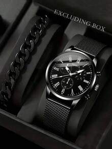 2pcs/Set Minimalist Casual Men's Quartz Watch Set, Including 1 Black Quartz Watch With Roman Numerals And 1 Sturdy Curb Chain Bracelet, All-Black Stylish Design, Durable High-End Material, Vintage Roman Numeral Dial, Practical Functions, Wear-Resistant - Black - View 1