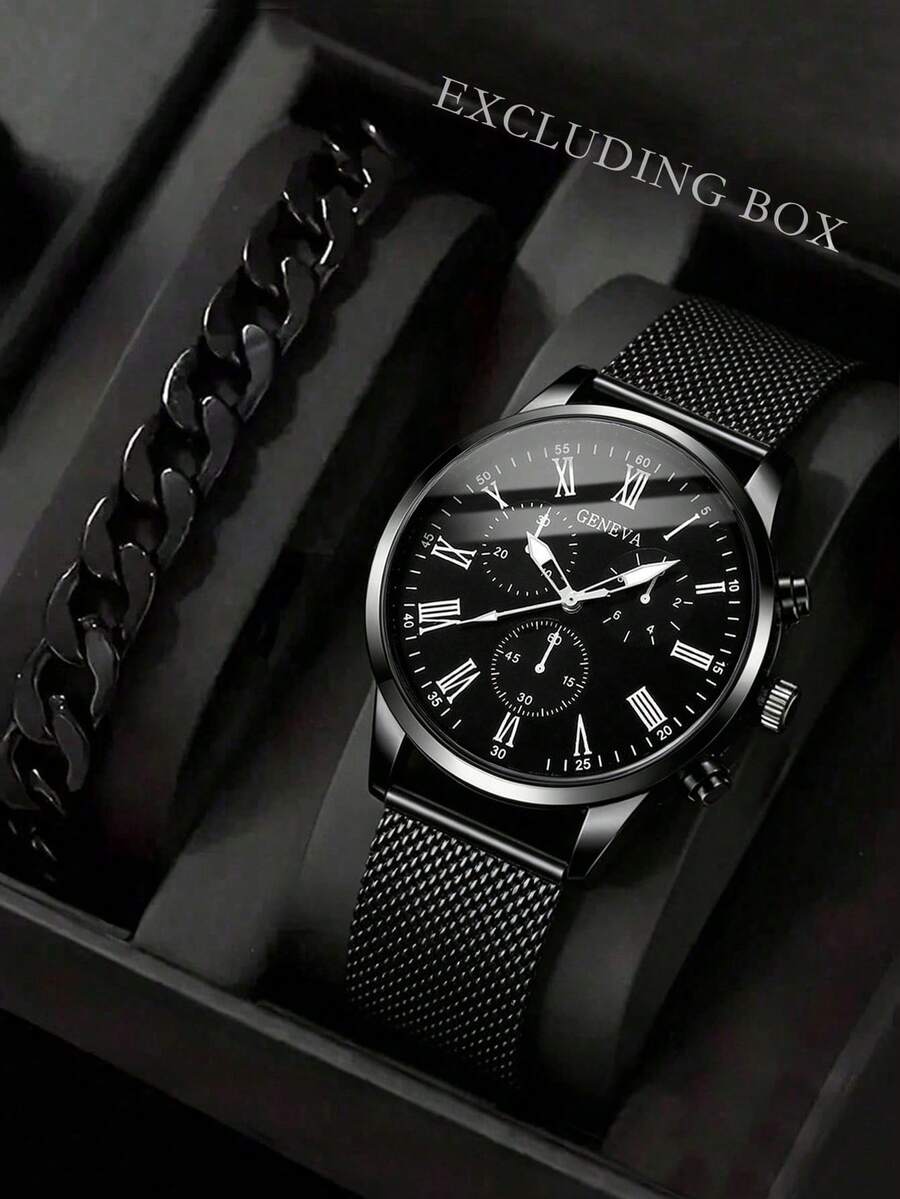 2pcs/Set Minimalist Casual Men's Quartz Watch Set, Including 1 Black Quartz Watch With Roman Numerals And 1 Sturdy Curb Chain Bracelet, All-Black Stylish Design, Durable High-End Material, Vintage Roman Numeral Dial, Practical Functions, Wear-Resistant - Black - View 1
