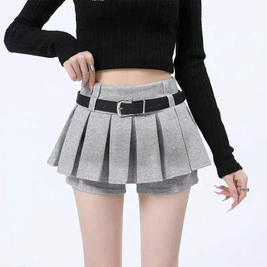 Minifalda deportiva gris para mujer, de cintura alta, línea A, plisada, antiluz, adelgazante, moda de primavera, talla grande... - cinturón único - Ver 1