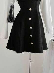 Conjunto casual de otoño con camisa y falda de peto, tweed texturizado y falda acampanada, perfecto para look diario y salidas con amigas - Blanco y Negro - Ver 3