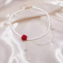 1 pieza Collar de clavícula de mujer con flor de rosa de resina y perla - Multicolor - Ver 4