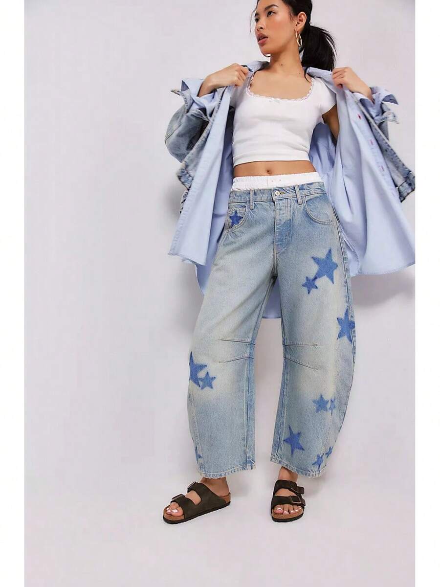 Vintage Floral Print Barrel-Shaped Jeans High-Waisted Wide-Leg Yellow Denim Trousers Vintage Y2K Style Casual Pants - Thêm một ngôi sao năm cánh - Xem 1