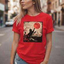 Nueva Camiseta Casual de Verano para Mujer de Algodón Puro de Manga Corta con Estampado de Gato Japonés y Luna Roja, Camiseta Holgada Casual, Tallas S-5XL, Top Gráfico de Verano, Diseño Artístico Vintage, Camiseta Cómoda de Cuello Redondo para Uso Diario - Camiseta Unisex de Algodón Holgado de Manga Corta con Cuello Redondo Estilo Vintage Urbano - Rojo - Ver 6
