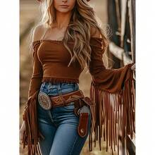 Women's Western Cowgirl Off-Shoulder Fringe Top, Sexy Slim Fitted Long Sleeve Tassel Blouse – Soft Breathable Fabric, Vintage Western Style, Perfect For Music Festival Party & Daily Casual Wear - 布朗 2 - 查看 6