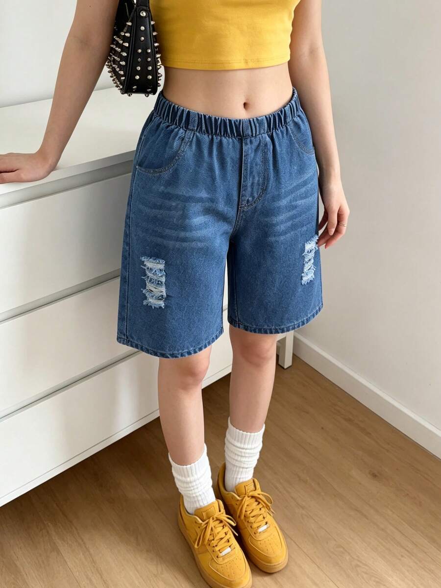 1pc Girls' Casual Loose Ripped Denim Shorts, Fashionable Versatile Outdoor Shorts For Summer - Medium Wash - View 1