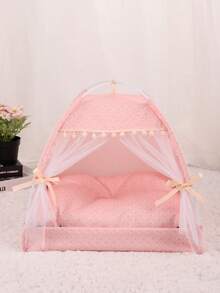 1pc Floral Pattern Pet Tent, Breathable & Washable, Thin Design, Suitable For Small Cats & Dogs, Indoor & Outdoor Use All Year Round. Cat Bed, Tent, Dog House, Indoor, Outdoor, Lace Mesh Vent, Removable Curtain, Portable, Bird Nest Tent, Cute Floral Cave - Pink - View 2