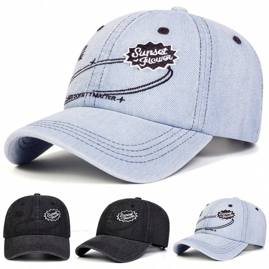 1 pieza Gorra de béisbol de mezclilla lavada con bordado de FLOR DEL ATARDECER para mujer, sombrero casual de uso urbano para primavera/otoño, exterior, viajes, playa, vacaciones, festivales - multicolor - Ver 1