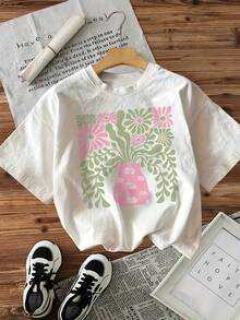 |   Diseño exquisito |   Suelto y cómodo |   Fácil de combinar | Camiseta de manga corta con cuello redondo y estampado de jarrón floral - Blanco - Ver 1