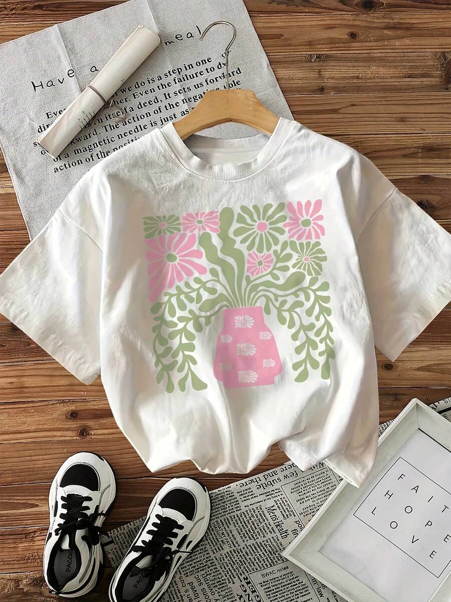 | Diseño exquisito | Suelto y cómodo | Fácil de combinar | Camiseta de manga corta con cuello redondo y estampado de jarrón floral - Blanco - Ver 1