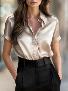 Women's Elegant Silk Blend Short Sleeve Button-Up Blouse, Comfortable Woven Fabric Summer - Champagne - View 7