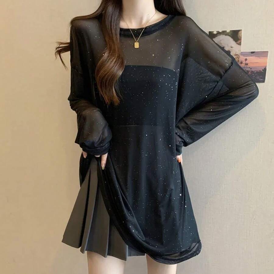 Camisetas transparentes sexis negras para mujer, camiseta de manga larga fina de seda helada con lentejuelas de lujo, camisetas transpirables a prueba de sol para verano - Negro - Ver 1