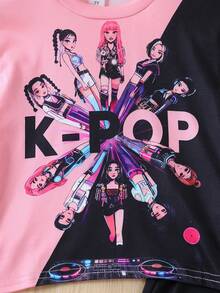 Bộ đồ nữ cá tính tay ngắn, áo thun in hình K-POP + quần ống loe 2 món. - Hồng - Xem 4