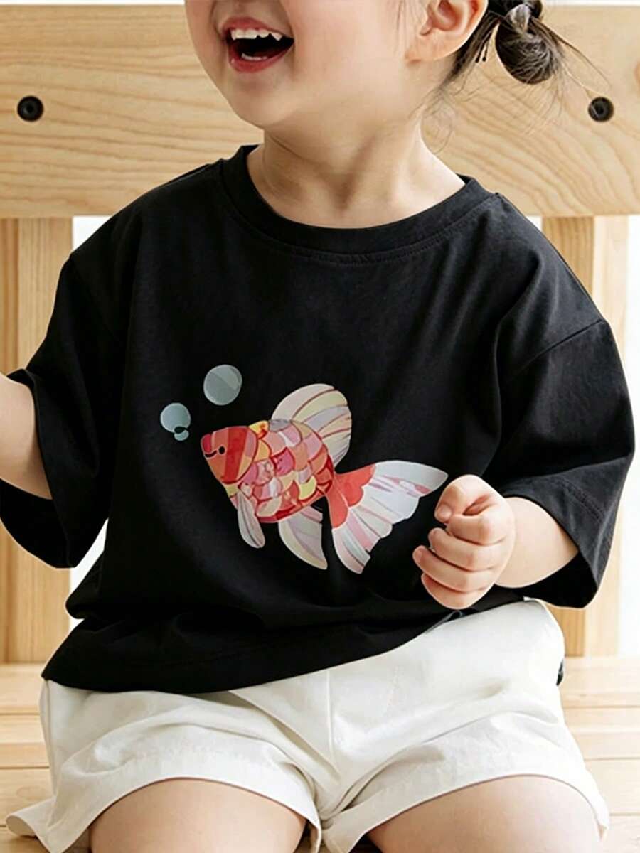 Top de manga corta sencillo, informal y bonito con estampado para niños, ideal para el verano. - Negro - Ver 1