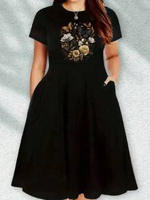 Vestido largo casual de talla grande para mujer, primavera/verano 2026, con estampado de mariposas y flores, cuello redondo, holgado, de color liso y manga corta - Negro - Ver 1