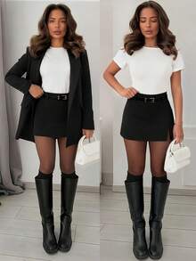 1pc Elegant Solid Color Slit Minimalist Versatile Women Skort (Belt Included) Black Summer - Black - View 7