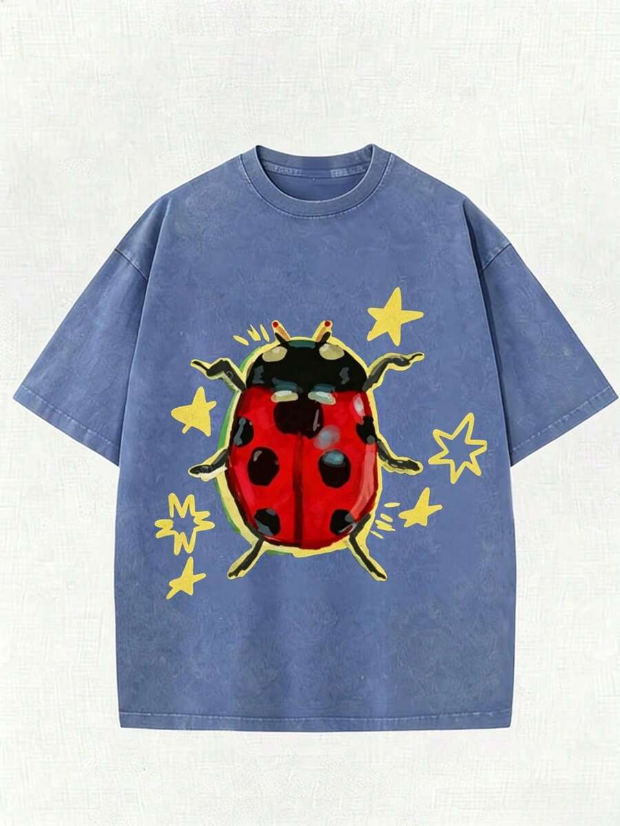 Washed Blue Unisex Tee, Star & Ladybug Print, Vintage Distressed Style, Premium Fabric, Summer Graphic Top, Ideal For Daily Wear & Holiday Gifts - 藍色 - 查看 1