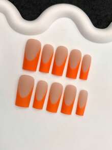 10pcs Y2K Luxury Semi-Handmade Medium Square Orange French Nail Tips, Thick Style, Includes 1 Jelly Glue And 1 Nail File, Suitable For Women And Girls Daily, Party, Gathering Nail Art Supplies Nails - Coral Orange - View 5