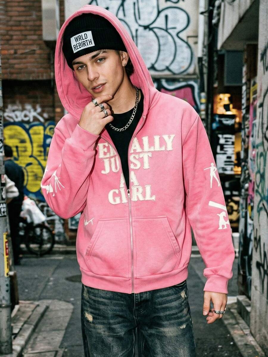 Men/Women's Y2K Streetwear Zip Up Hoodie, Pink Washed Oversized Hooded Sweatshirt With"LITERALLY JUST A GIRL" Chenille Letter Print, Funny Slogan Hoodie, Casual Unisex Hip Hop Hoodie Daily Wear Back To School Jacket Street Style Warm Hoodie - 粉色 - 查看 1