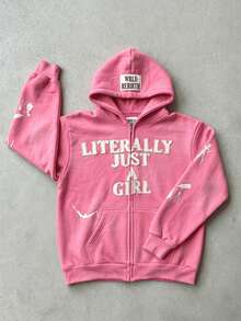 Men/Women's Y2K Streetwear Zip Up Hoodie, Pink Washed Oversized Hooded Sweatshirt With"LITERALLY JUST A GIRL" Chenille Letter Print, Funny Slogan Hoodie, Casual Unisex Hip Hop Hoodie Daily Wear Back To School Jacket Street Style Warm Hoodie - 粉色 - 查看 5
