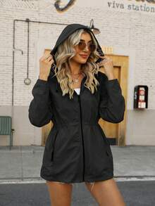 Risissida Women's Reversible Jacket With Pockets And Zipper, Hooded Design Suitable For Daily Wear, Drawstring Waist Fashion Outerwear For Women, Spring And Autumn - Black - View 4