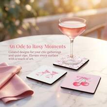 4pcs/Set Pink Bowknot Square Wooden Coasters, Heat Resistant & Anti-Slip, Suitable For Drinks, Coffee, Office, Kitchen, Dining Table Decor, 2D - Multicolor - View 4